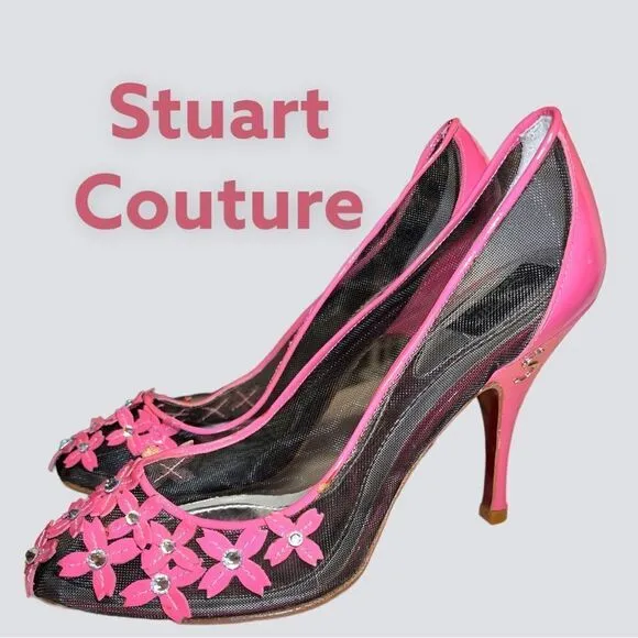 Stuart Couture gorgeous unique pink patten leather heels with black mesh… - Image 2
