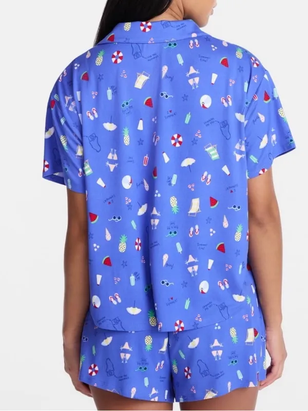 Blue Women's Short-Sleeve Pajama Top and Shorts Set with Summer Time Print - Image 3