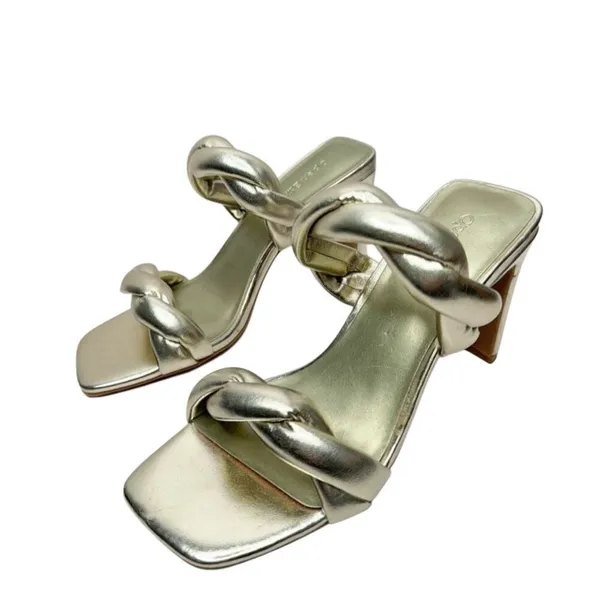 Open Edit Sandals Size 6.5 Gold Metallic Twisted Double Strap‎ Slip On Heels - Image 3