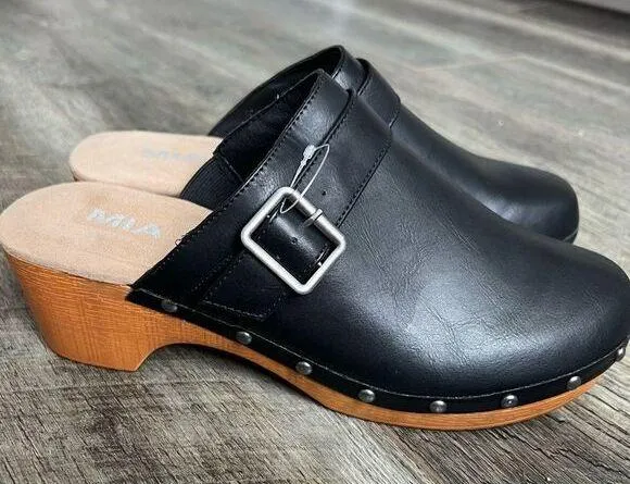Mia Milpu Swedish Wood and Vegan Leather Clogs Size 10 Mules Black Shoes NWOT - Image 2