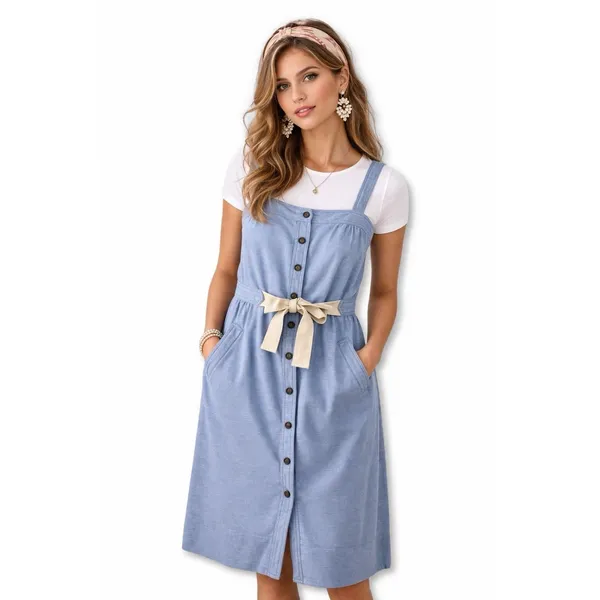Anthropologie Allihop Sz L Apron Front Dress‎ Picnic Knee Length Blue Button Up - Image 2