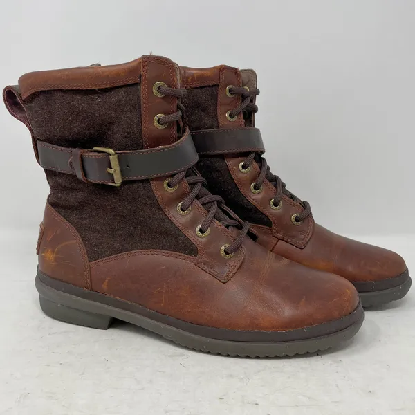 UGG Kesey Brown Leather Felt Lace Up Zip Buckle Harness Boots 6 - Image 4