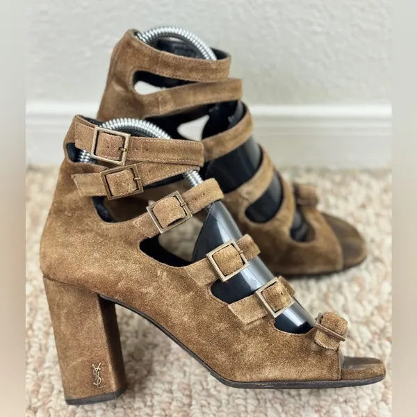 Saint Laurent Brown Suede Strappy Block Heels/Shoes 6.5 - Image 8