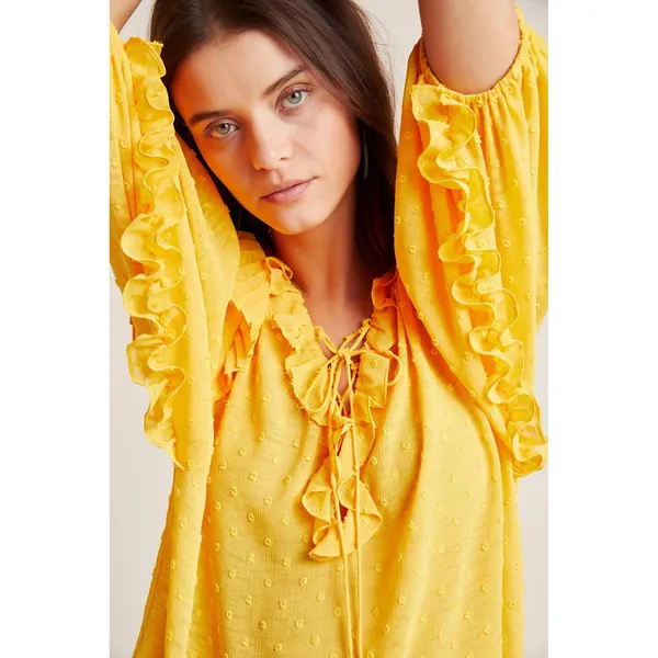 Anthropologie NWT 36R Haida Peasant Top Ruffled Swiss‎ Dot Blouse Mango Yellow M - Image 2