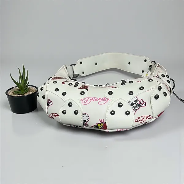 Ed Hardy White Skull Rose Tattoo Print Hobo‎ Shoulder Bag Studded Punk Rock - Image 6