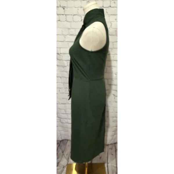 Zapelle dark green sleeveless midi sheath dress High Neck And Front Tie XS-2 - Image 3
