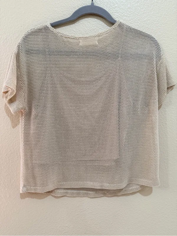 Elodie Mesh Knit Crop Top Beige Shiny Shimmer Overlay Short Sleeve Size S - Image 2