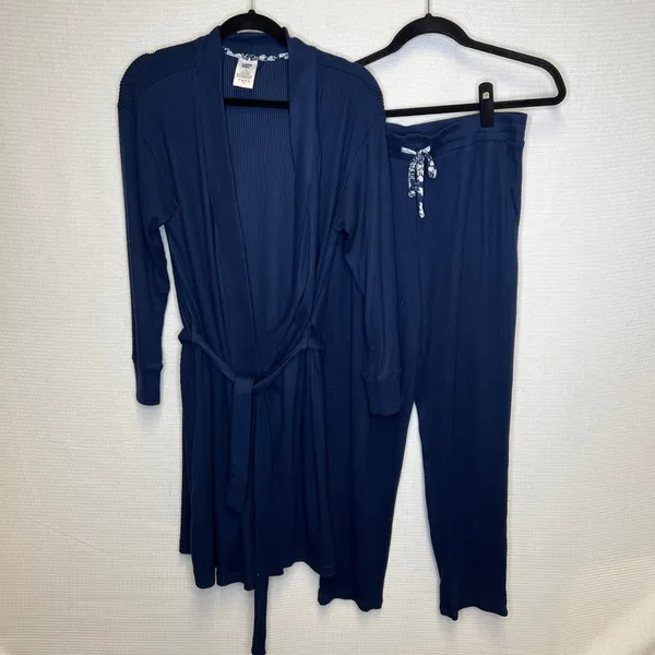 Lands End Womens Navy Blue Ribbed Knit Robe Pajama Pants Lounge Set‎ Size S 6-8 - Image 2