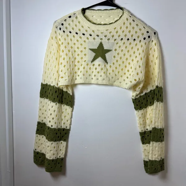 Star Crochet Knit Cropped Sweater Women Small Cream Green Long Sleeve Boho - Image 2