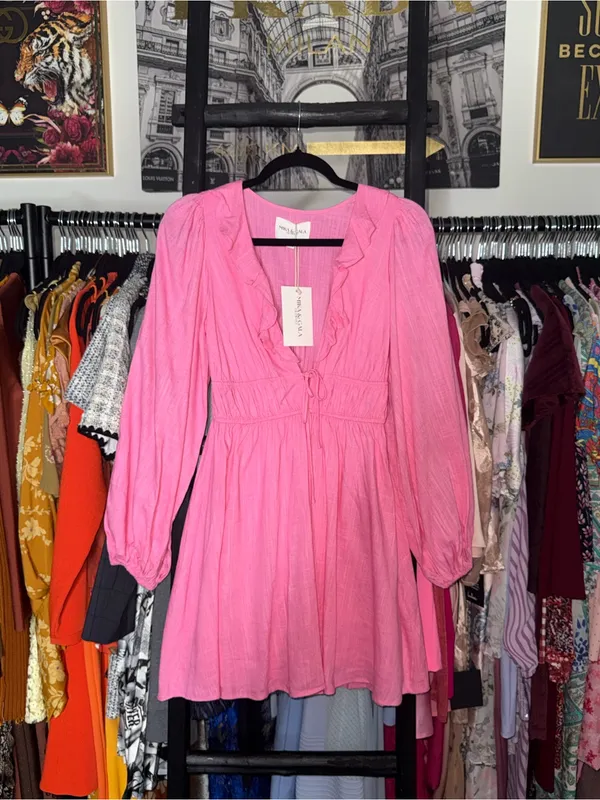 Mika & Gala Carnivale Pink Balloon Sleeve Ruffle Mini Dress Womens XS New NWT - Image 6