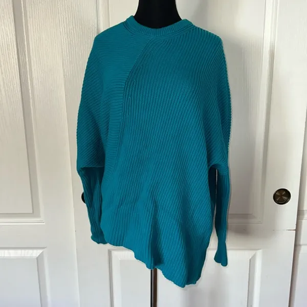 Free People Downtown Teal Blue Knit Asymmetrical Pullover Sweater - Image 3
