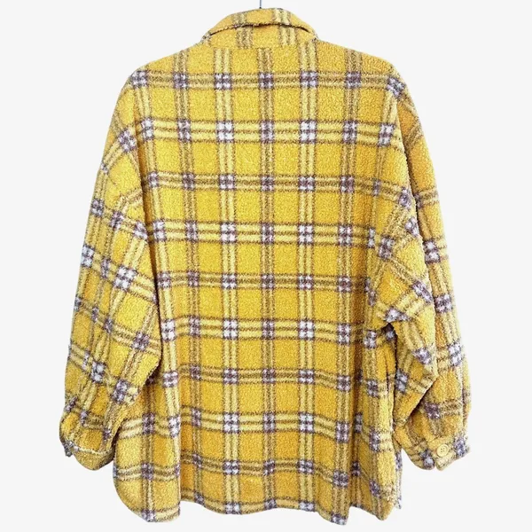 En Crème Women's‎ Small Sherpa Shacket Jacket Plaid Oversized Mustard Streetwear - Image 2