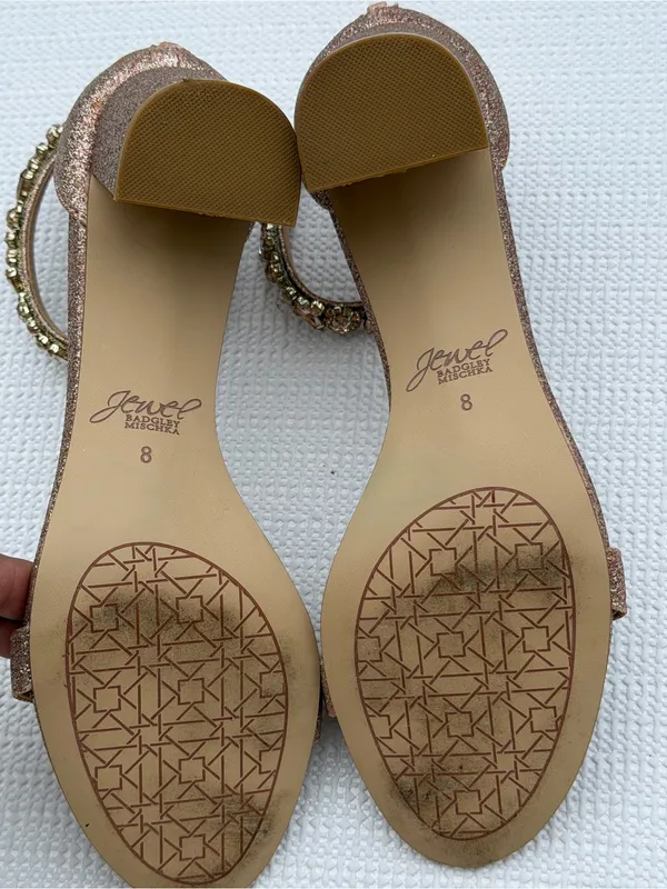 Jewel Badgley Mischka Women’s 8 Rose Gold Glitter Block Heel Sandals - Image 8