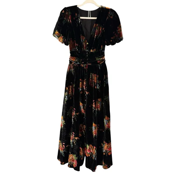 NWOT Anthropologie Katerina Button Front Midi Dress Black Velvet Floral Small - Image 4