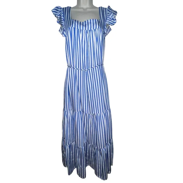 Draper James‎ RSVP Blue White Striped Tiered Ruffle Sleeve Midi Dress Medium - Image 2