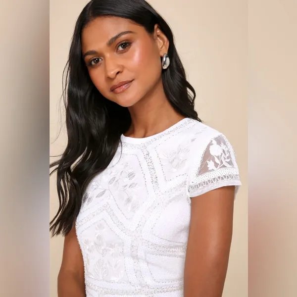 Lulus Spread Your Shine White Sequin Embroidered Bodycon Dress in White Size S - Image 4