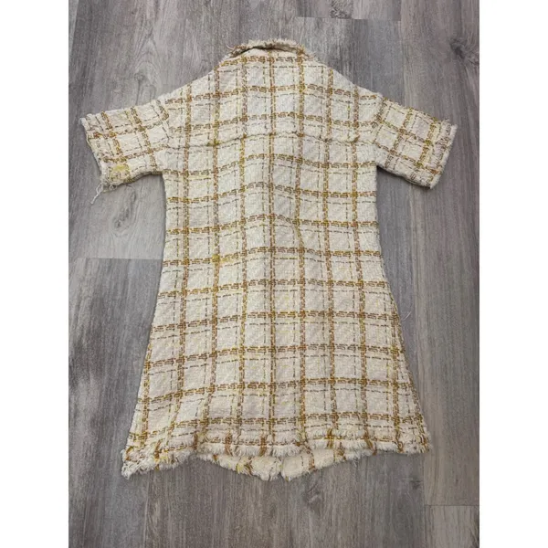 Zara Women Cream Yellow‎ Plaid Tweed Double Breasted Dress Gold Buttons Small - Image 4