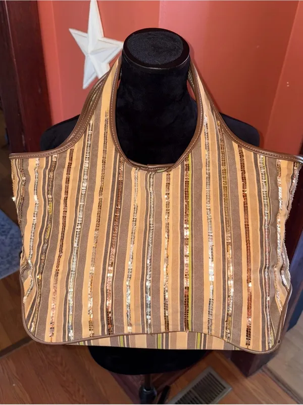 Striped Sequin Accent Striped Tote Bag Brown - Image 7