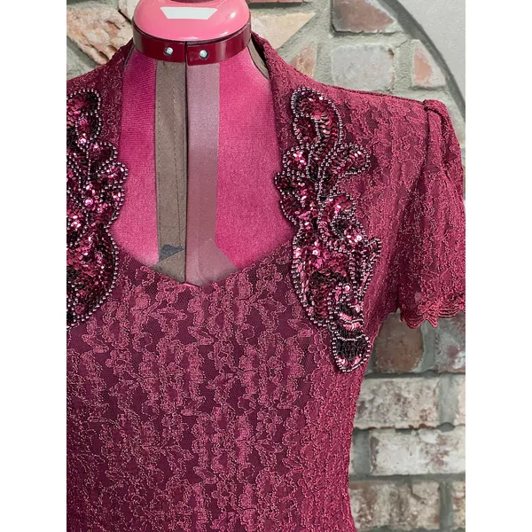 formal dress prom maroon wine red lace beaded fringe - Image 3