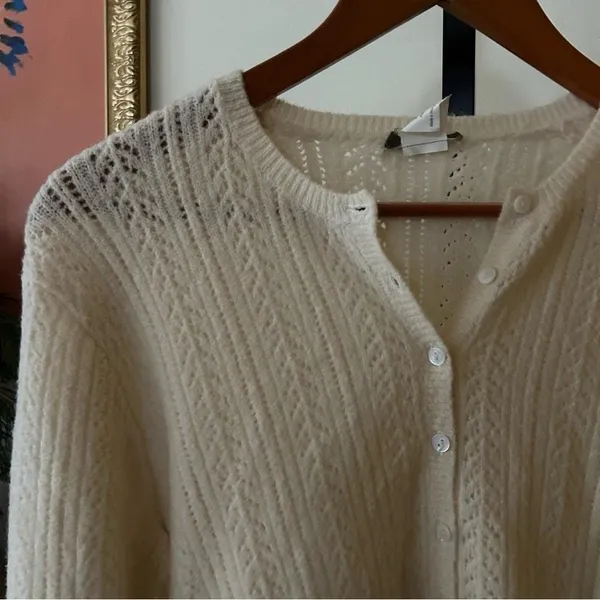 Vintage J. Crew Wool‎ Pointelle Henley Sweater Buttons Knit Cream White Size M - Image 2