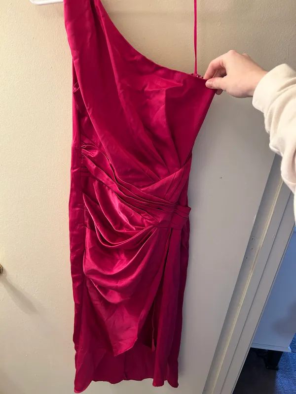One Shoulder Waist Tie Satin Dress - Image 5