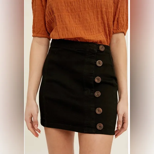 Free People Black Denim Button Front Mini Skirt Size 2 - Image 3