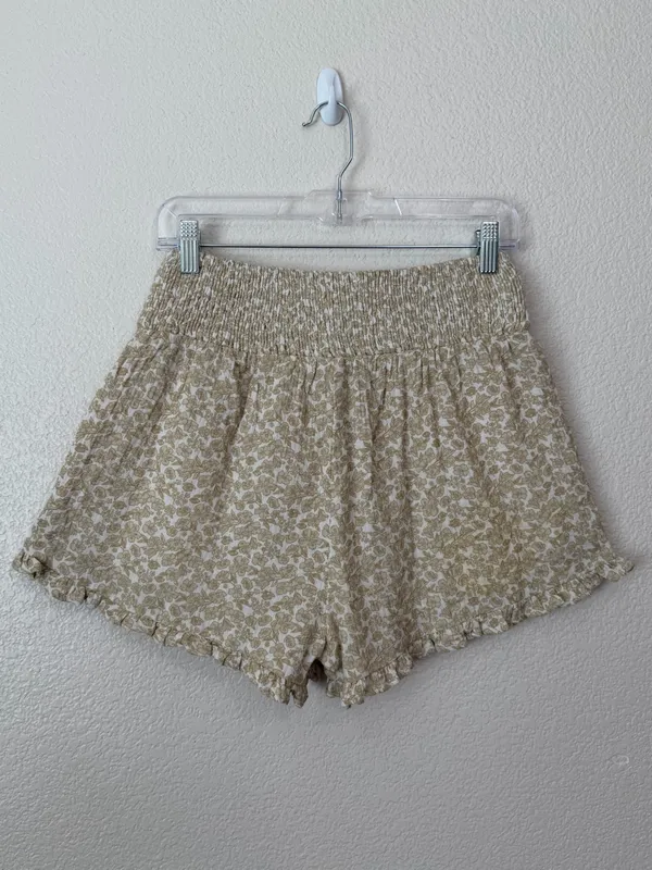 NWOT Entro 100% Cotton Tan Floral Smocked High-Waisted Ruffle Shorts, Sz Small - Image 5
