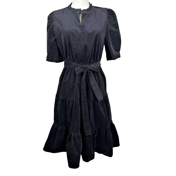 Draper James Puff Sleeve Tiered Ruffle Neck Button Micro Corduroy Belted Dress - Image 2