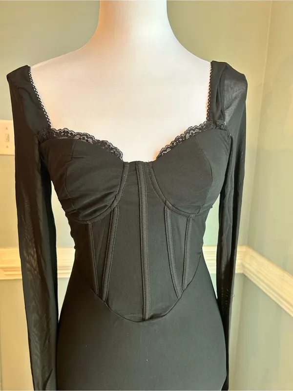 Black Long Sleeve Corset-Style Evening Dress XS - Image 3