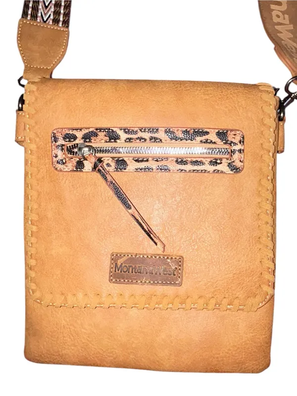 Montana West Tan Western Crossbody Bag Leopard Accent Wide Strap EUC - Image 2