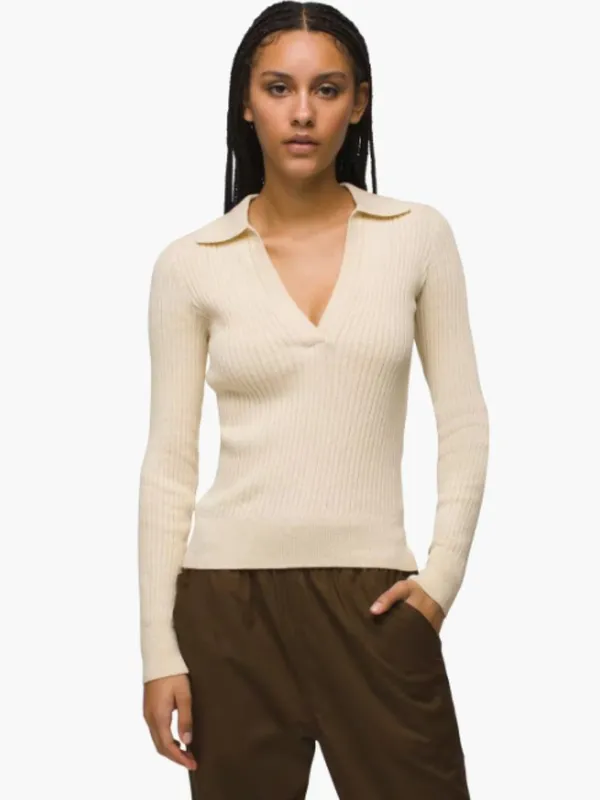 PRANA Milani Organic Cotton Cream Polo Sweater Top Long Sleeve Large $89 - Image 2