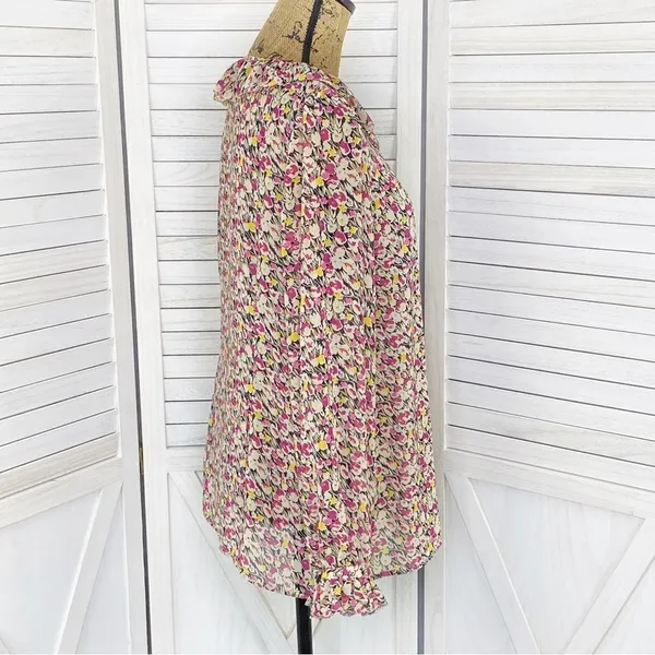 Loft Ann Taylor Ruffle Trim Tie Neck Floral‎ Chiffon Blouse Large Beige Pink - Image 3