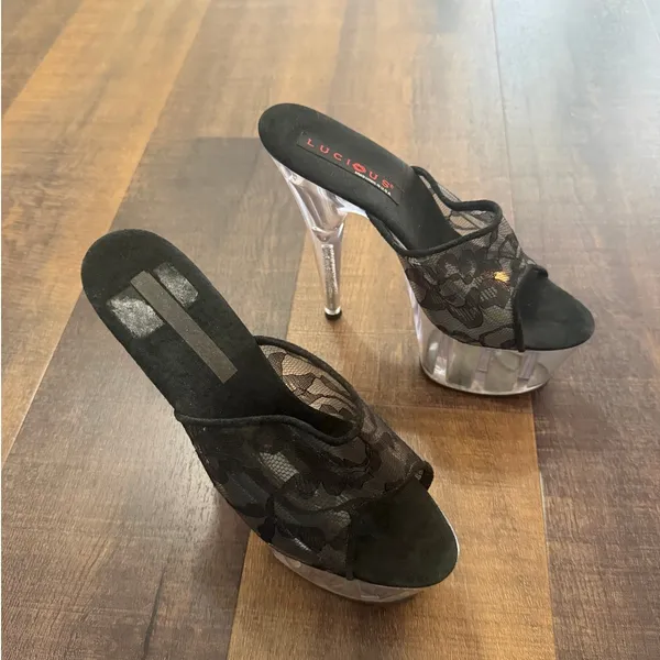 Lucious Clear Platform Heels Size 8 Black Lace Exotic Dancer Pleaser Mules - Image 6