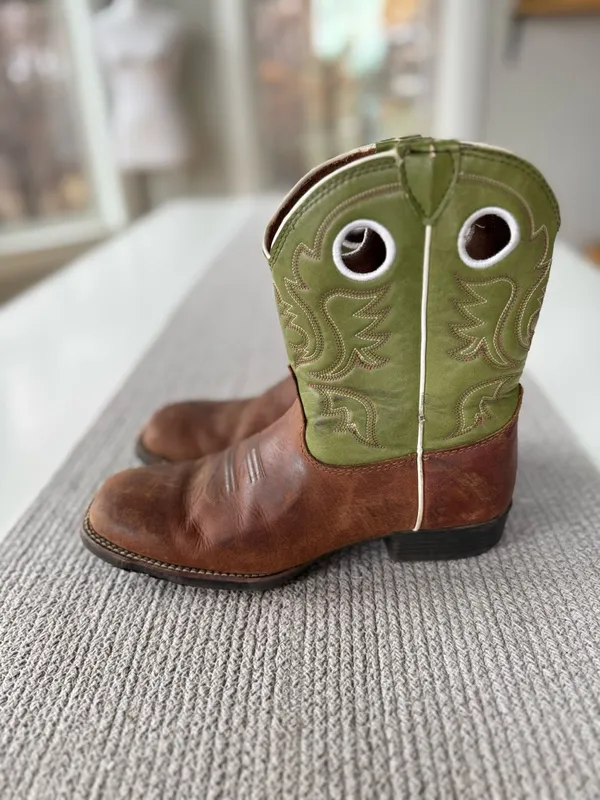Justin Sage Green Brown Leather Western Square Toe Cowboy Festival Boots 5D or 7 - Image 9