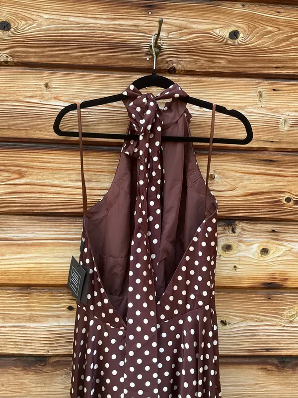 IEENA FOR MAC DUGGAL Size 10 Brown Polka Dot A-Line Halter Gown Rosette FLAWS - Image 14