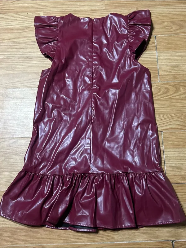 TCEC Burgundy Faux Leather Ruffle Sleeve Mini Dress Medium - Image 10