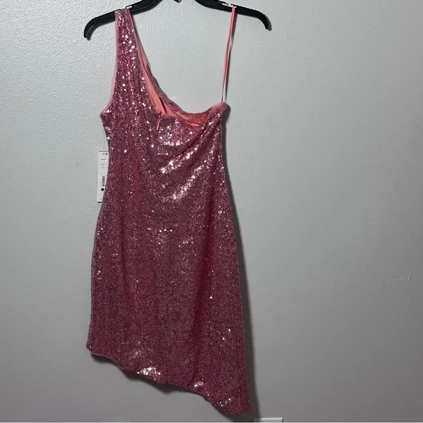 Aqua Womens Pink Sequined Mini‎ One Shoulder Formal Cocktail/ Party Dress S - Image 5
