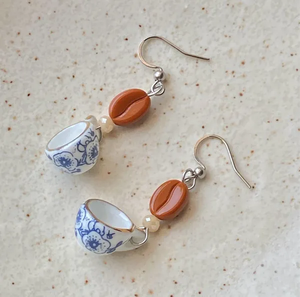 Handmade porcelain mug cup & coffee beans unique fun fairy antique style dangle earrings☕️🍃🌀 - Image 4