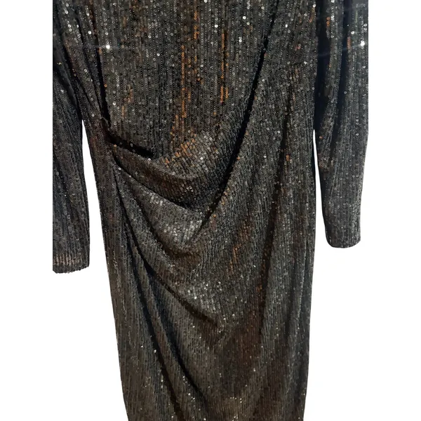 Nanette‎ Lepore Sequin Dress Womens 8 Black NEW Long Sleeve Ruched Midi Sheath - Image 3