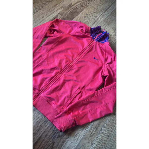 Nike Dri-FIT Womens Pink Track Jacket Full Zip Striped High Neck Small - Image 3