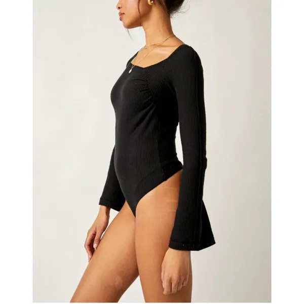 NWT Free People Intimately On A Cloud Bodysuit Small Black Bell Sleeves Minimal - Image 3