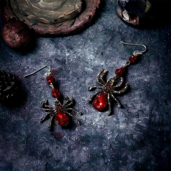 Spider Design With Red Faux Zircon Inlaid Dangle‎ Earrings Retro Goth Style - Image 5