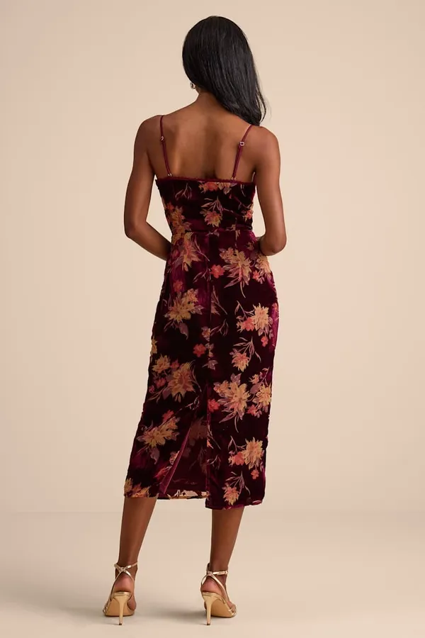 New Lulus Erisa Burgundy Velvet Floral Burnout Midi Dress Size Medium MSRP $88 - Image 3
