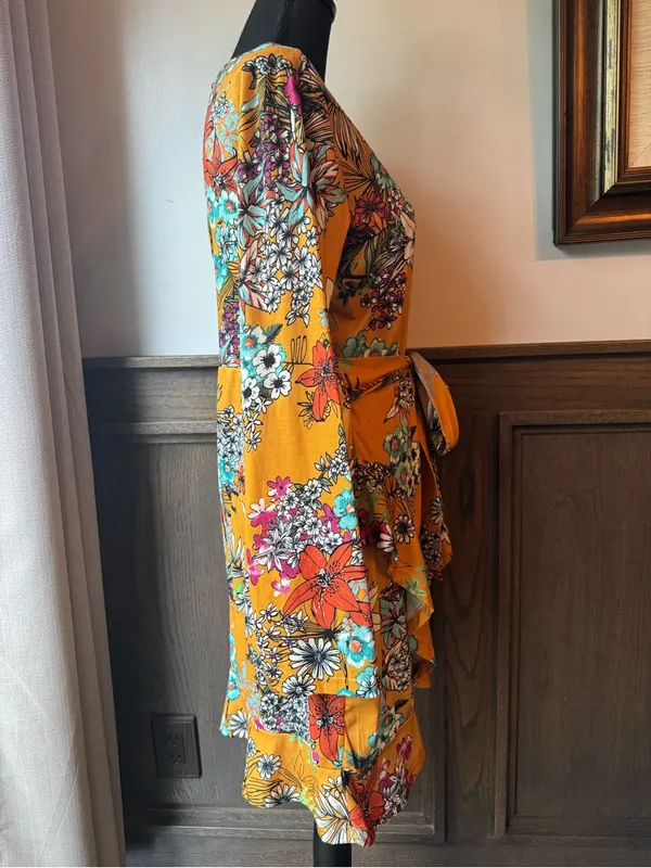 Club L London Mustard Floral Tie-Waist Long Sleeve Dress 14 EUC - Image 7