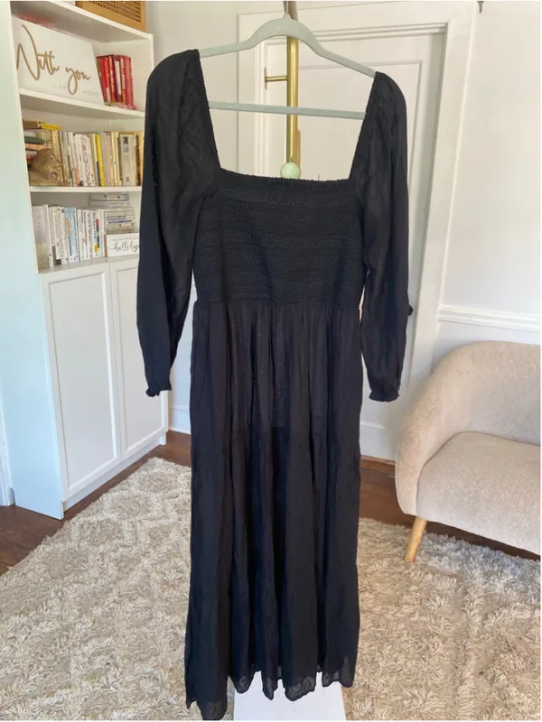Black Smocked Square Neck Midi Dress Cottagecore Romantic Boho - Image 2
