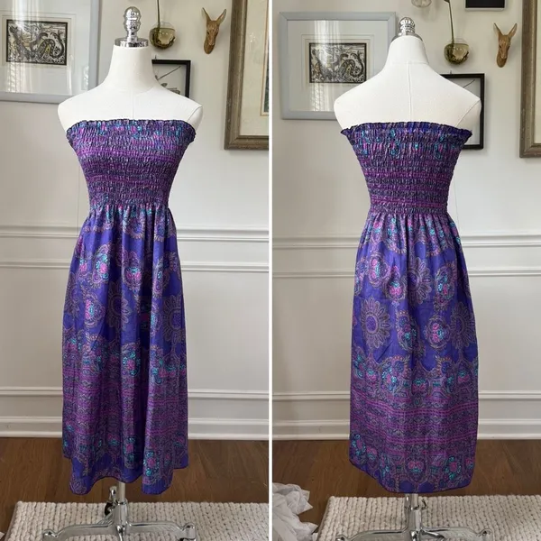 Vintage 80s Purple Strapless Smocked Top Sun Dress S - Image 2