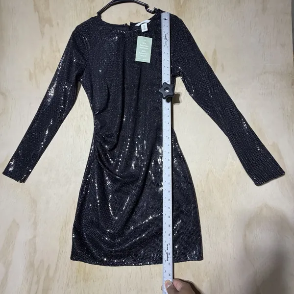 H&M Women's Medium Black Sequin Mini Dress Long Sleeve Ruched Bodycon Party NWT - Image 6