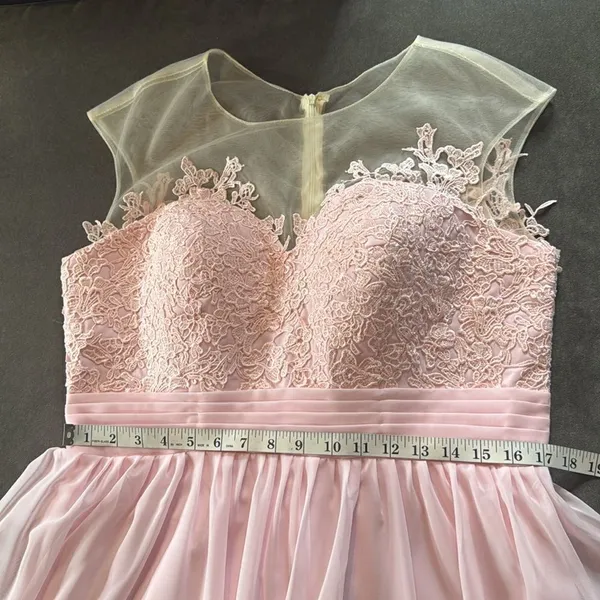 Woman’s Pink Formal Dress Gown with Sheer Lace Top Leg Slit Zip Back Size 14 - Image 9