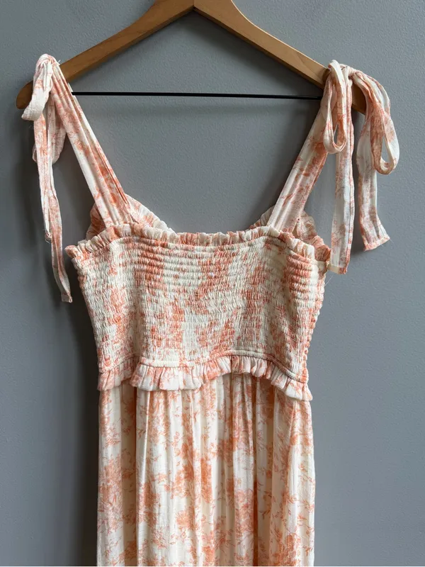 Altar’d State Peach Orange Floral Tie-Shoulder Smocked Midi Dress Medium - Image 6