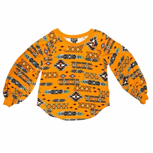 Wrangler Retro Boho Aztec Southwest Balloon Sleeve Top • Ochre Mustard Small - Image 4